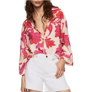Mango Floral Cream Pink Long Sleeve Button Up Blouse 12 Flowy Vacation Resort